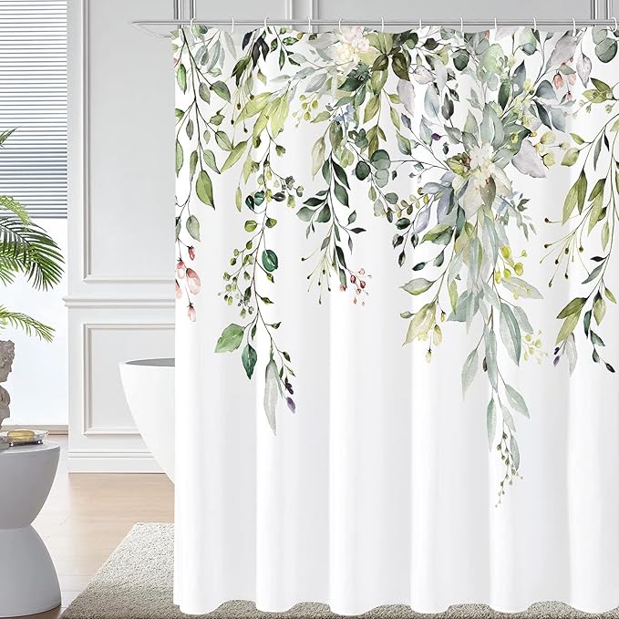 Gibelle Sage Green Eucalyptus Shower Curtain, Watercolor Plant Leaves with Floral Bathroom Decor Waterproof Fabric Shower Curtain Set with Hooks 72x72 Inch White
