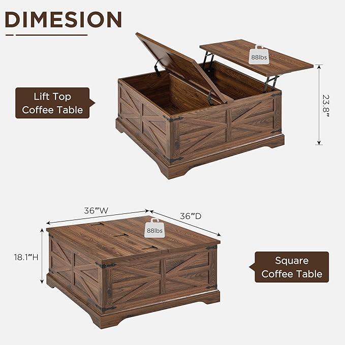 JXQTLINGMU Farmhouse Lift Top Coffee Table with Storage, 36" Wood Square Center Table with Large Hidden Compartment, Rustic Lift Tabletop Dining Table for Home Living Room, Brown