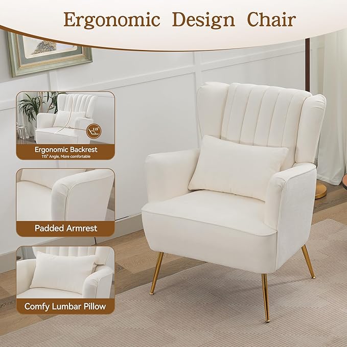 Fabric Accent Living Room Arm Chair with Pillow & Golden Legs, 8.5" Thick Cushion, Mid Century Modern Wingback Chairs Upholstered Comfy Sofa Armchair for Reading Room/Bedroom, White