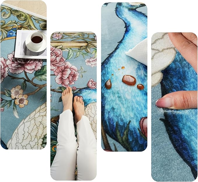Door Mat Indoor Entrance 2x3 Rug Machine Washable Floral Peacock Animal Small Area Rug Non-Slip Low Pile Throw Rugs for Entryway, Kitchen, Front Door, Entry, Kids Room (Mint Turquoise)