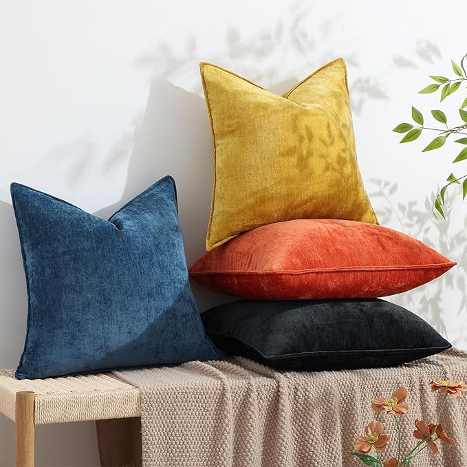 decorUhome Fall Couch Throw Pillow Covers 24x24 Set of 2, Decorative Soft Euro Neutral Chenille Pillow Covers with Elegant Design for Sofa Bed Living Room Home Decor, Mineral Yellow