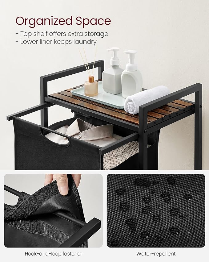 VASAGLE Laundry Hamper, Laundry Basket, Laundry Sorter with A Pull-Out and Removable Bag, Shelf, Metal Frame, 17.2 Gallons (65 L), 19.7 x 13 x 28.4 Inches, Black and Rustic Brown UBLH101B01