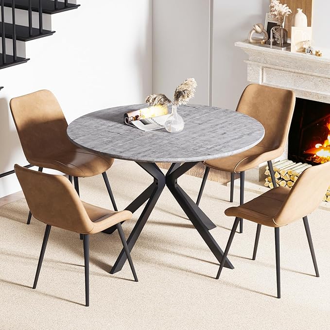46.4" Round Dining Table Set with 4 Chairs, Modern Dining Set with Comfortable PU Leather Chairs, Sturdy MDF Table with X-Shaped Base, Easy Assembly, Ideal for Dining Room or Kitchen