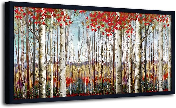 Large Framed Wall Art for Living Room Bedroom Modern Wall Decor of Red Leaves White Birch Tree Forest Giclee Painting Artwork Wall Decoration 29x58 Large Size Black Framed