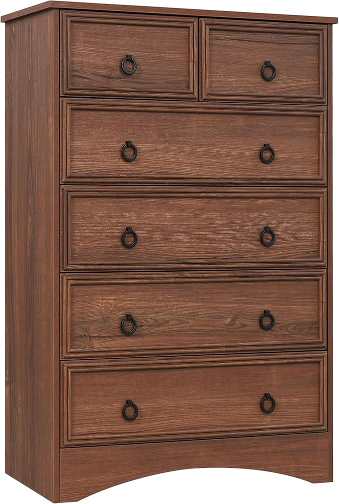 Dresser for Bedroom Tall, Mid Century Modern 6 Drawer Dresser, Cherry Wood Chest od Drawer with Large Storage for Clothes, Vintage, for Living Room, Bedroom, Hallway