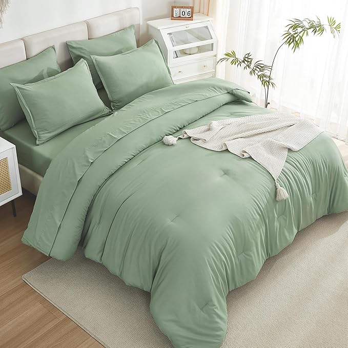 Litanika Oversized King Comforter Sets Sage Green - 7 Pieces Bed in a Bag Oversized King Bedding Comforter Sets, Solid Lightweight Bed Set with Comforter, Sheets, Pillowcases & Shams