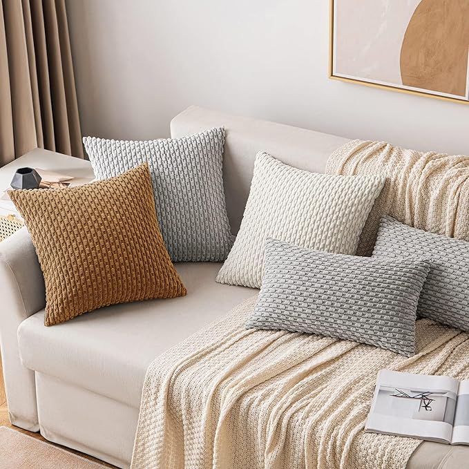 MIULEE Throw Pillow Covers Soft Corduroy Decorative Set of 2 Boho Striped Pillow Covers Pillowcases Farmhouse Home Decor for Couch Bed Sofa Living Room 12x20 Inch Light Coffee