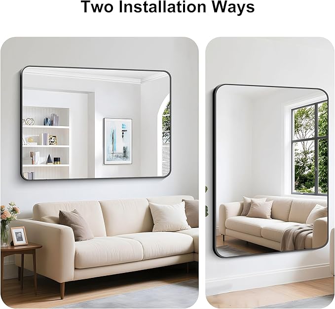 KOCUUY Black Bathroom Mirror 55"x40", Large Vanity Mirror with Rounded Corner, Metal Black Frame with Mordern Design for Bathroom, Living Room, Entryway, Hang Horizontal/Vertical
