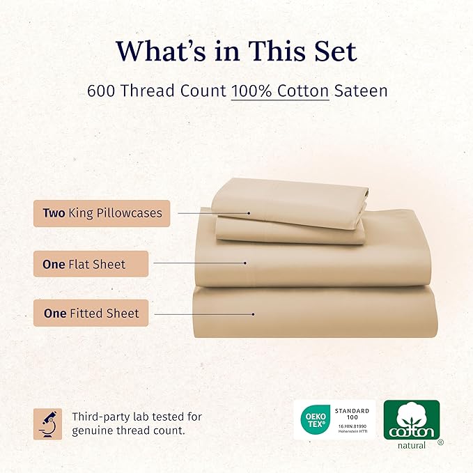 California Design Den King Size Sheets Set 600 Thread Count, 100% Cotton Sateen, Soft, Cooling King Size Bed Sheets, Hotel-Quality Bedding Sheets & Pillowcases (Golden Tan)