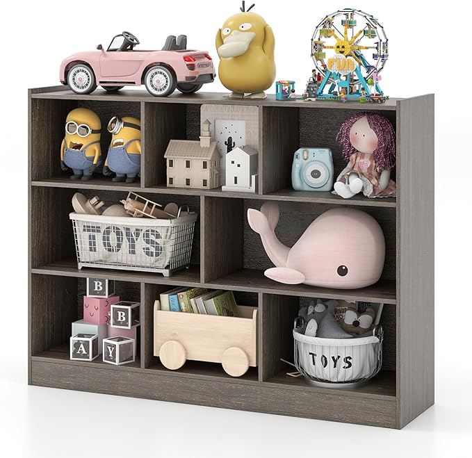 Toy Storage Organizer, 3-Tier Kids Bookshelf, 8 Cube Kids' Bookcases, Cabinets & Shelves, Wooden Toy Organizers, Small Book Shelf for Bedroom, Playroom, Classroom, Nursery (Gray)