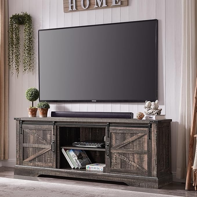 T4TREAM Farmhouse TV Stand for 75 Inch TV, Rustic Entertainment Center w/Sliding Barn Door, Large Media Console Cabinet w/Storage Shelves, Wood Television Stand for Living Room, Dark Rustic Oak
