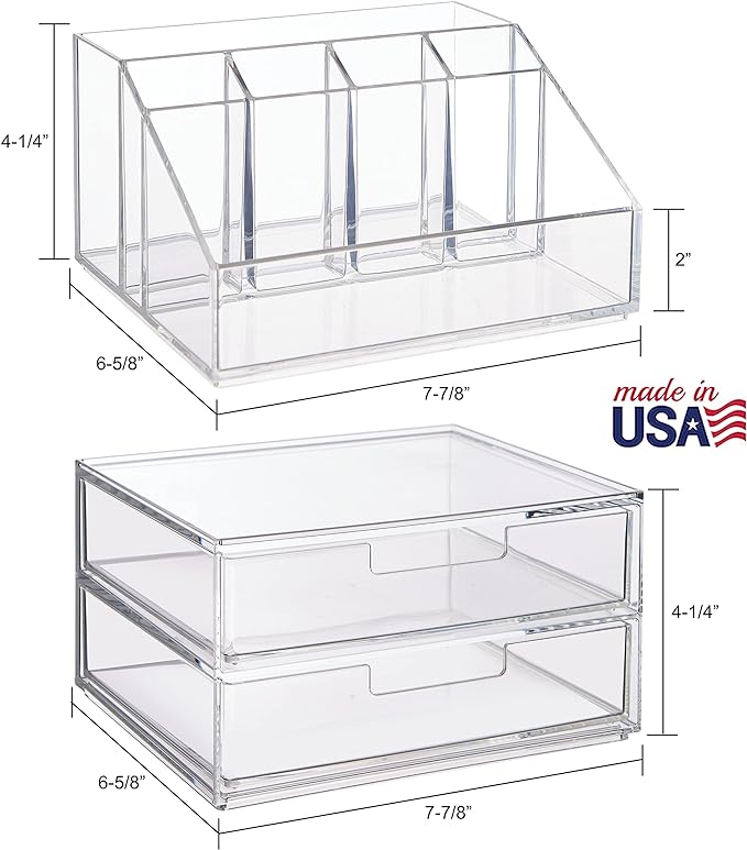 STORi Chloe Stackable Makeup Holder & Drawer Organizer Set, Clear, BPA-Free Plastic, Made in USA, Organize Brushes, Cosmetics & Beauty Essentials