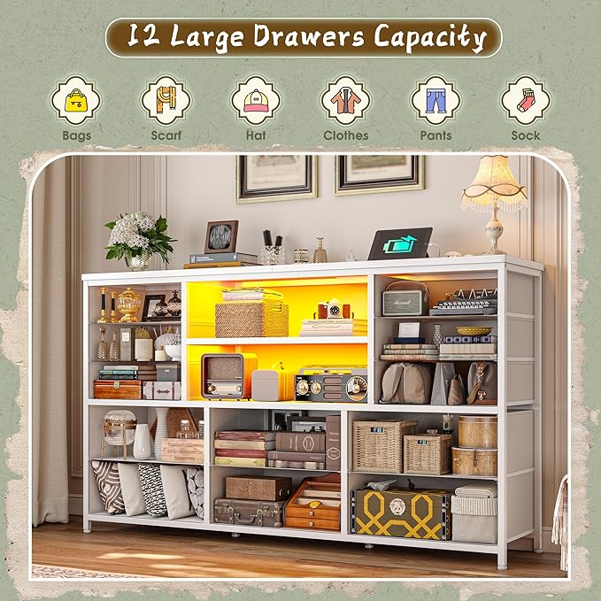 White TV Stand with 12 Fabric Drawers for 55 inch TV, Entertainment Center with Charging Station & LED Lights, TV Media Console Table with 2 Open Storage Shelves for Living Room, Dorms, Wood Top