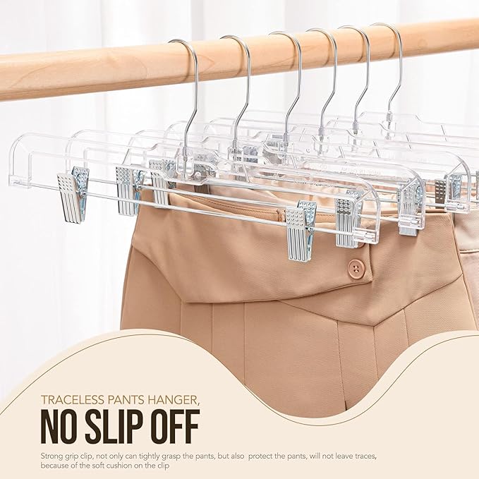 HOUSE DAY 120 Pack Clear Pants Hangers with Clips, Plastic Skirt Hangers for Women, 14 Inch Clip Hanger for Pants, Skirts, Jeans, Shorts, Legging, with 360-degree Swivel Hook, 2 Adjustable Clips