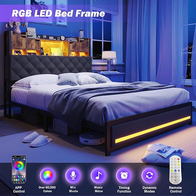 Queen Platform Bed Frame with Headboard and Hidden Storage, Bookcase Bed Frame with Charging Station and Smart LED Lights, Noise-Free,Heavy Duty Metal Support, No Box Spring Needed, Gray