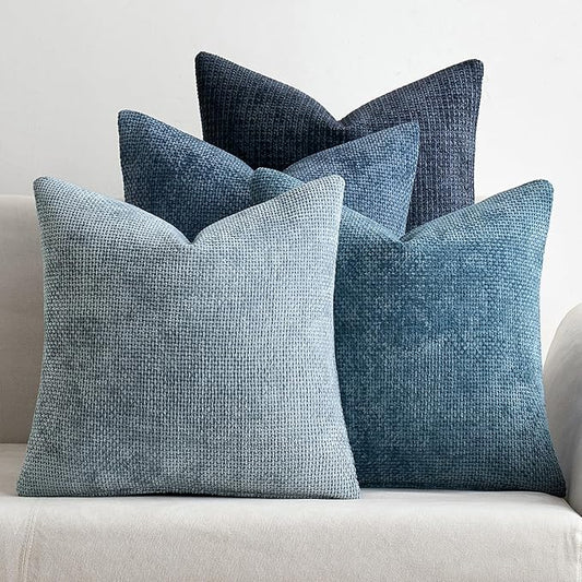 MIULEE Pack of 4 Couch Throw Pillow Covers 16x16 Inch Neutral Blue Soft Decorative Chenille Pillow Covers Farmhouse Accent Cushion Covers for Boho Western Home Coastal Decor Sofa Bedroom Living Room