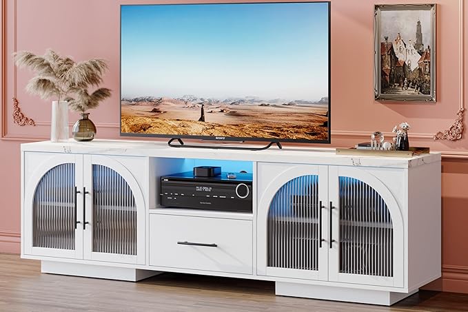 70" TV Stand for 75 Inch TVs, Modern Entertainment Center with LED Lights and Arched Glass Doors, Faux Marble Wood Finish, Adjustable Shelves, TV Cabinet for Living Room, White