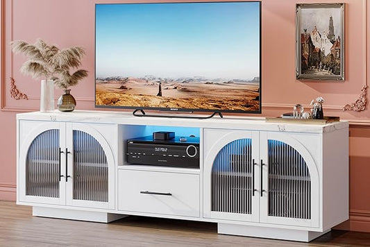 70" TV Stand for 75 Inch TVs, Modern Entertainment Center with LED Lights and Arched Glass Doors, Faux Marble Wood Finish, Adjustable Shelves, TV Cabinet for Living Room, White