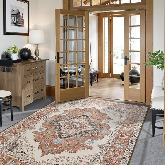 Vintage Area Rug 5x8 Rugs, Machine Washable Vintage Area Rug Non-Slip Low Pile Large Rug for Living Room, Bedroom, Farmhouse, Dining Room, Orange