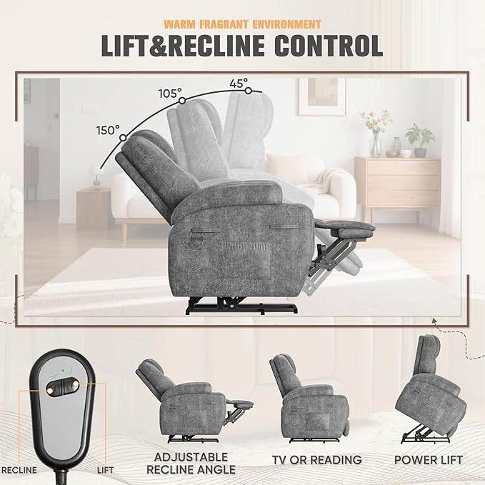 Flamaker Power Lift Chair with Vibration Massage Luxurious Leathaire Fabric Electric Lift Recliner for Elderly Power Lift Recliner Chair with Cup Holders Side Pockets for Living Room (Light Gray)