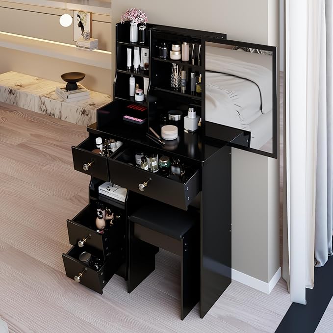 29.2" Small Vanity Desk with Mirror, Makeup Table with Sliding Mirror, Dressing Table with Multi Layer Capacity Storage, Vanity Set with 5 Drawers and Stool for Small Space Bedroom, Black