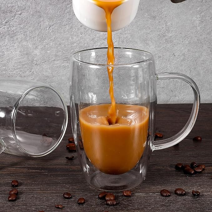 Clear Glass Double Wall Insulated Round Coffee Mugs Set of 2 Pieces - Large Size 16oz Best Reusable Coffee Mug for Home Cafe Restaurant Perfect for Espresso Capucinno Lungo Latte Coffee