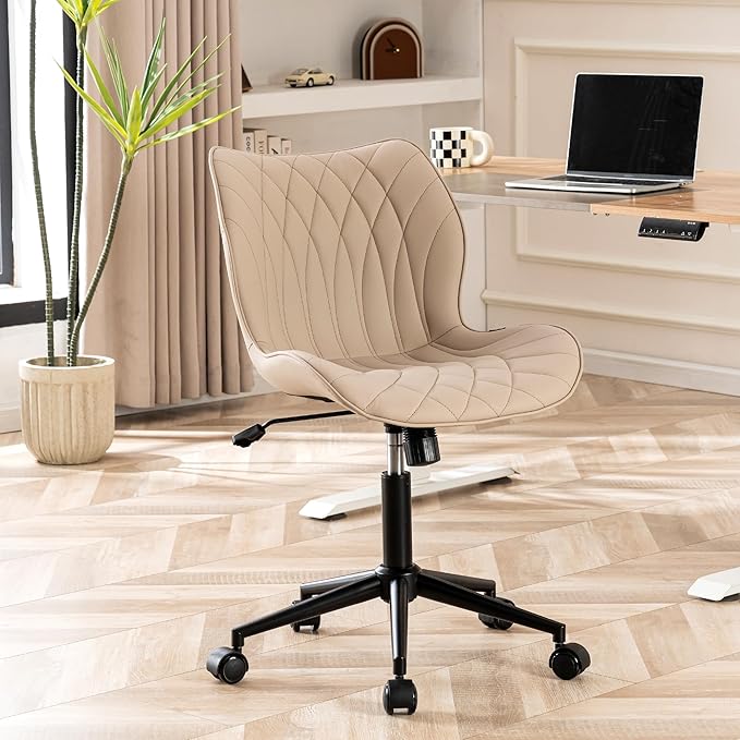 YOUNUOKE Armless Desk Chair Comfy Office Chair with Wheels Home Ergonomic Task Chair Adjustable Computer Chairs Modern Faux Leather Swivel Chair Upholstered Makeup Vanity Chair with Back(Khaki)
