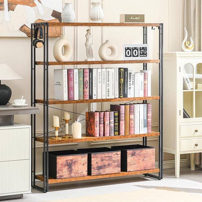 HCHQHS Bookshelf, 5-Tier Industrial Bookcase, Rustic Open Book Shelf, Freestanding Tall Bookshelves with Metal Frame