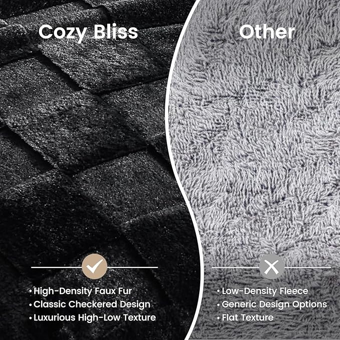 Cozy Bliss Checkered Faux Rabbit Fur Black Throw Blanket, Soft Fuzzy Fluffy Minky Furry Plush Blankets for Couch, Bed (50 * 60 Inches Black)