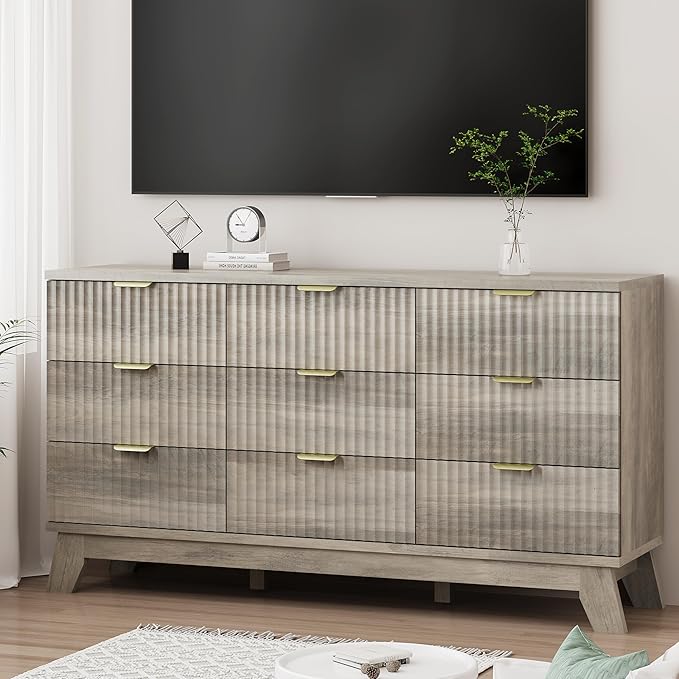 Fluted Dresser for Bedroom with 9 Drawers, 57" Wide Modern Chest of Drawers with Metal Handle, Wooden Dresser TV Stand, Wood Closet Clothes Storage Organizer for Living Room, Hallway, Grey