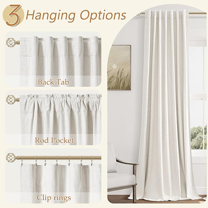 Guken Blackout Curtains 90 Inch Length 2 Panels Set for Living Room Bedroom Back Tab Thermal Insulated 100% Black Out Linen Drapes Room Darkening Window Curtains 90 Inches Long,Beige White