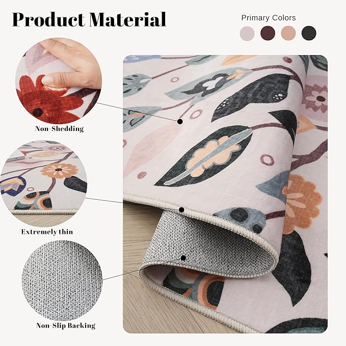 Bedroom Rug 3x5 Rug Washable Area Rug Bohemian Non Slip Low Pile Floral Tree Small Carpet for Bedroom, Bedside, Kitchen, Entryway, Kids Room, Office, Beige