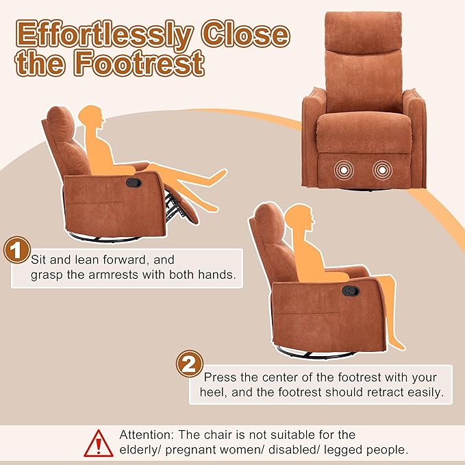 Manual 360° Swivel Rocker Recliner Chair for Adults, Overstuffed Glider Chair for Nursery with Vibration Massage and Heat, Comfy Soft Fabric Glider with Side Pockets for Living Room, Orange