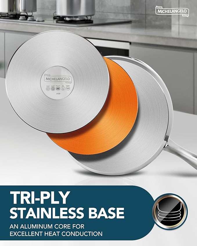 MICHELANGELO Saucepans with Lids & Steamer 7Pcs, Stainless Steel Pot Set with Triply Bottom, 3 Quart Saucepan with Steamer, 18/10 Saucepan Set Induction Compatible - 1QT & 2QT & 3QT