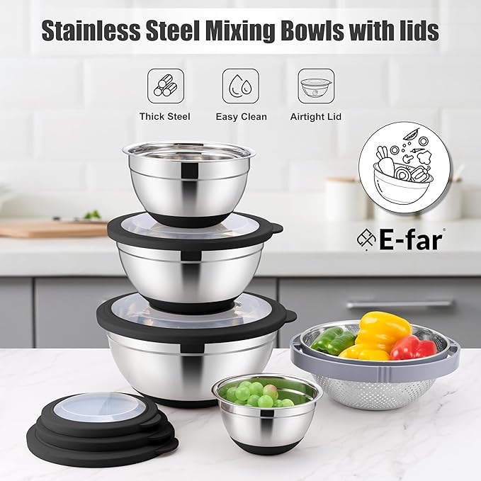 E-far Mixing Bowls with Lids Set, 15PCS Stainless Steel Mixing Nesting Bowl with Colander & 3 Metal Grater for Kitchen Prep/Baking/Storage, Non-Slip Bottom & Airtight Lid, 4.6, 3, 1.5, 1, 0.7QT, Black