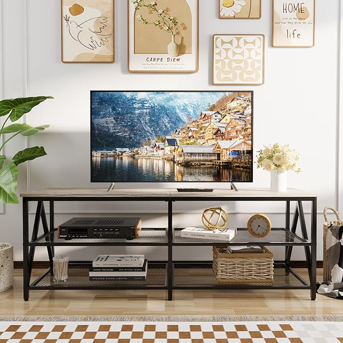 TV Stand for TVs up to 65 Inch, 55" Long Industrial TV Console Table with 3-Tier Storage Shelves, Entertainment Center for Living Room, Bedroom (Gray)