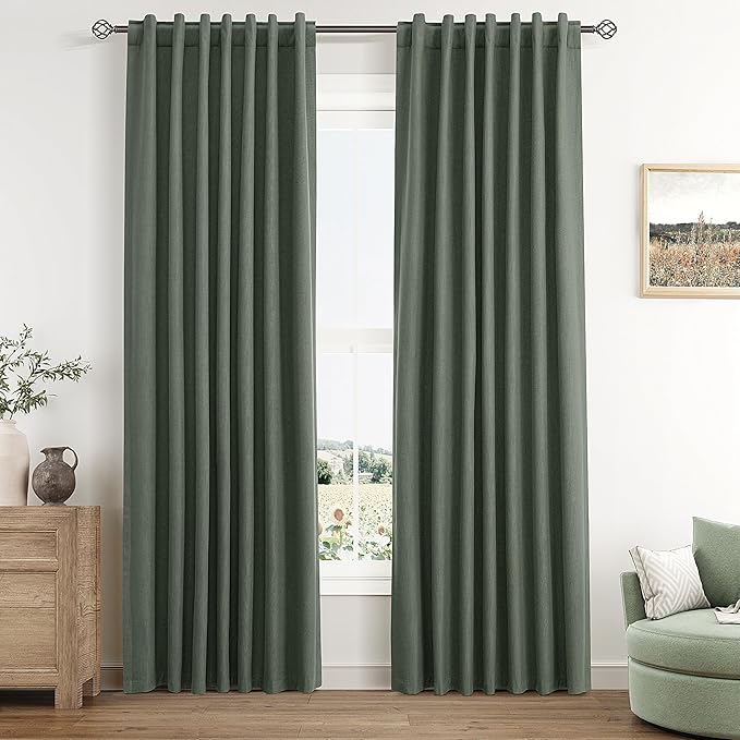 Guken Olive Green Blackout Curtains 84 Inch Length 2 Panels Set for Living Room Bedroom Back Tab Thermal Insulated 100% Black Out Linen Drapes Room Darkening Window Curtains 84 Inches Long