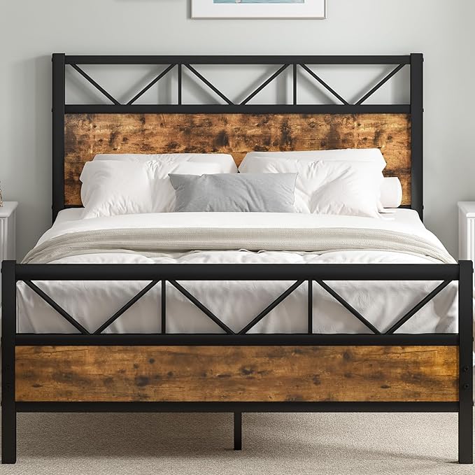 Full Size Bed Frame with Headboard, Industrial 51.2" Tall Headboard, Full Size Platform Bed Frame with Heavy Duty Metal Slats Support, No Box Spring Needed, Noise-Free, Easy Assembly, Rustic Brown