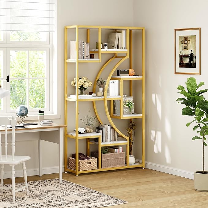 LGHM White and Gold Bookshelf Set of 2 with Metal Frame, 5 Tier Geometric Bookcase, Adjustable Modern Book Shelf with 18 Open Storage Shelves, Display Shelf for Living Room, Office, Bedroom