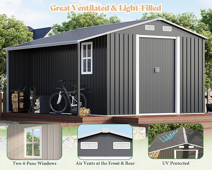 AMERLIFE 10.6x10.3x6.3 FT Galvanized Metal Storage Shed with Open Firewood Bay, Sliding Doors & Ramp, 2 Windows & Vents, Weather-Resistant Outdoor Tool/Garden Shed, Dark Gray