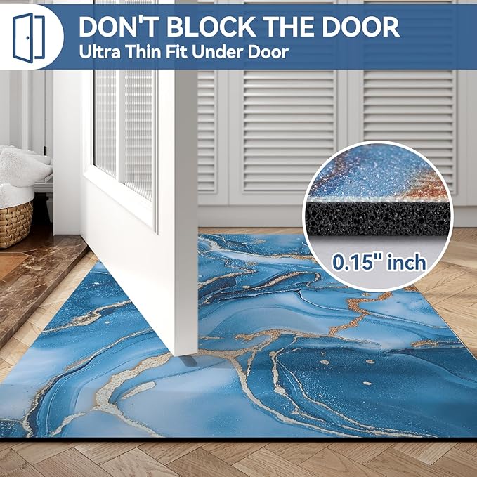 Non Slip Bath Mat Ultra Thin Bathroom Rug Fit Under Door, Rubber Backing Quick Dry Super Absorbent Washable Shower Bath Mats Blue 24x36