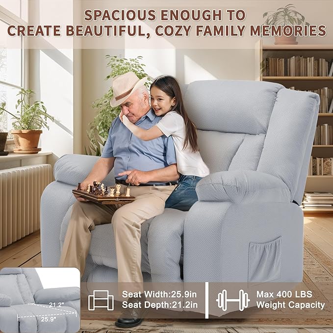 Oversized Dual Motor Power Lift Recliner for Adults, Electric Lift Chair with Heating and Massage, Waffle Fabric Electric Recliner Chair with Side Pockets, Wide Recliner for Living Room