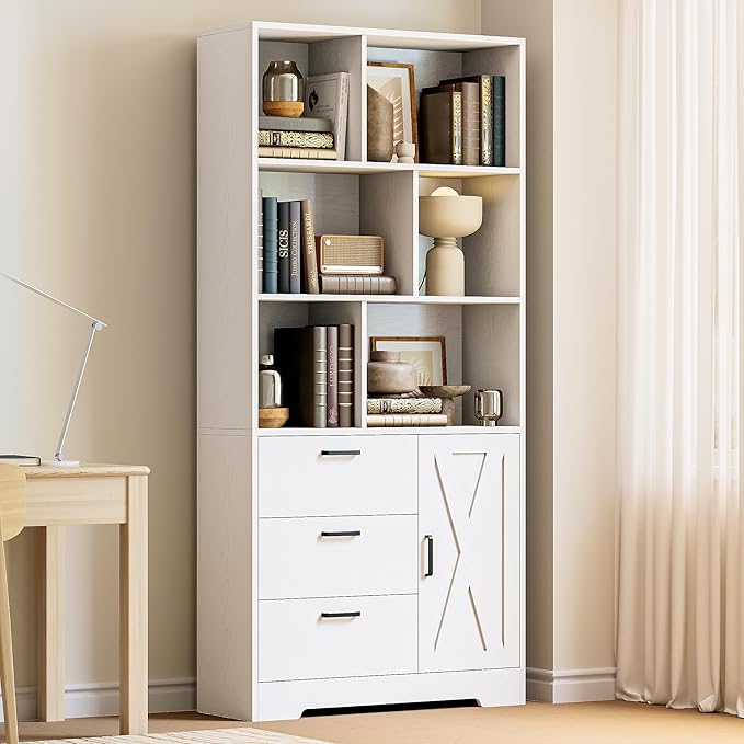 IRONCK Bookshelf with Drawers, 70.9 inch Tall Bookcase with Doors, Bookshelves and Bookcases with Storage, Bookshelf with 6 Open Cubes for Home Office, Living Room, Study, White