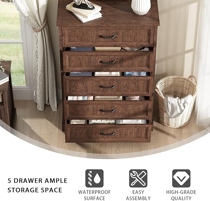 Farmhouse 5 Drawers Dresser for Bedroom, 44" Tall Brown dresser Wood Rustic Chest of Drawers with Wide Metal Handle,Natural Texture,Drawer Organizer for Bedroom,Living Room,Hallway and Entryway