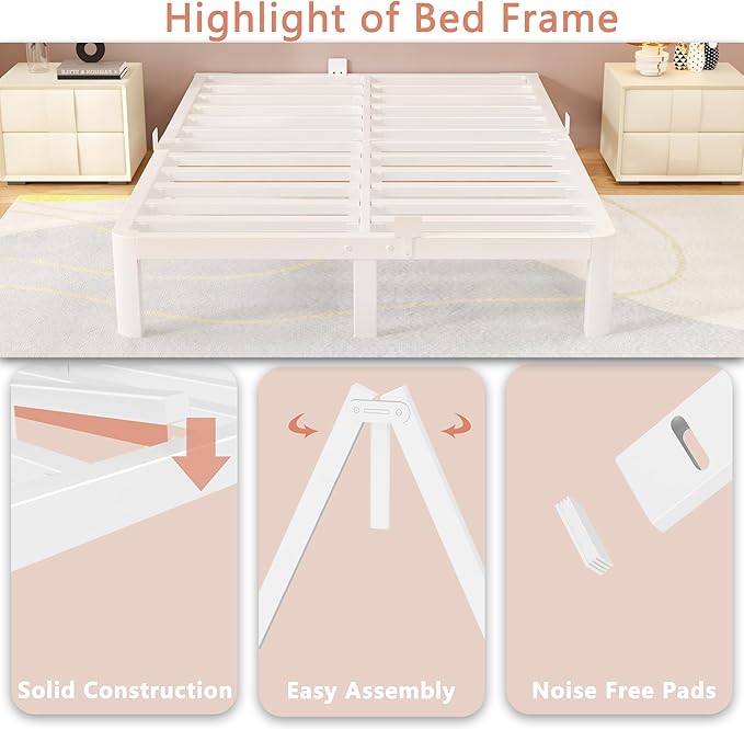 10 Inch King Size Bed Frame with Metal Baffles, White King Bed Frame No Box Spring Needed, Heavy Duty Steel Platform Support, Storage Space, Reserved Holes, Round Corner Legs, Noiseless