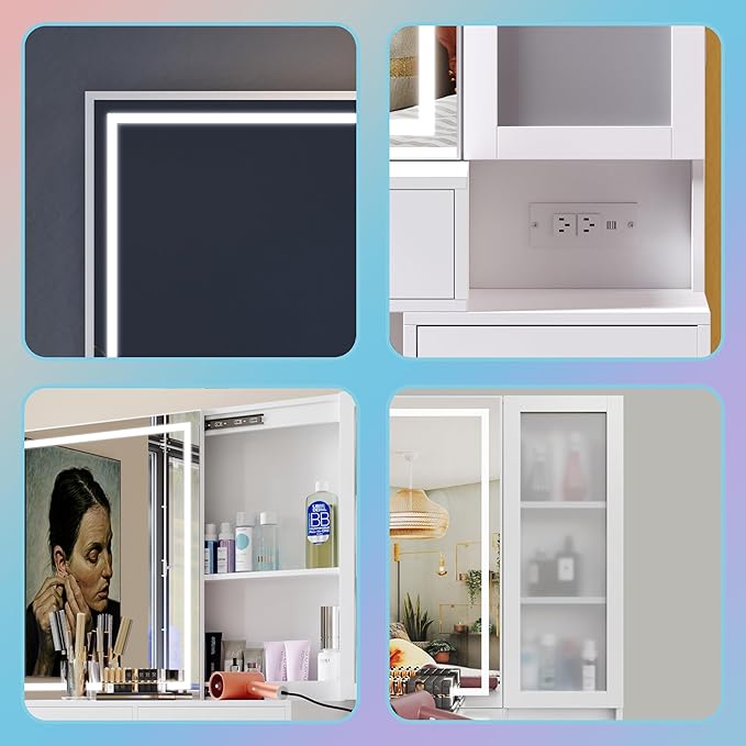 Vanity Set with Lighted Mirror and Charging Station, Extra Large Mirror Makeup Vanity Table with Cushioned Stool,5 Drawers, Modern Vanity Table with Nightstand