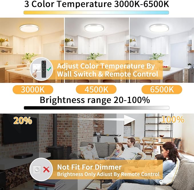 13 Inch LED Flush Mount Ceiling Lights Fixture with Remote Control, Round 24W 2500LM 3000K-6500K Light Color Adjustable, Modern Ceiling Lamp for Bedroom,2 Pack