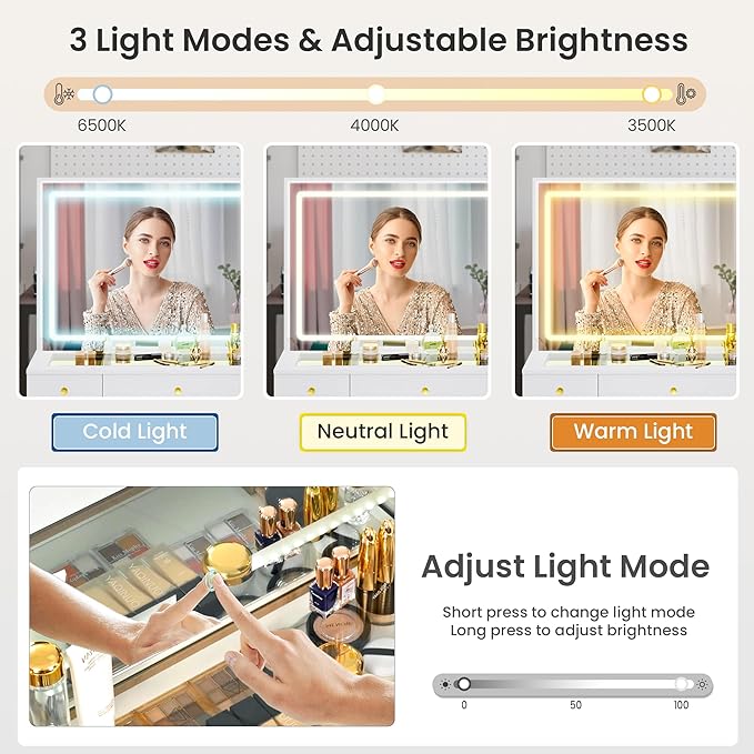 Pamapic Makeup Vanity with Crystal Knobs, Glass Top Vanity Desk with Mirror and Lights, Power Outlet, Drawers and Cabinet, 3 Lighting Color Adjustable Dressing Table, Upgraded Silent Slides, White