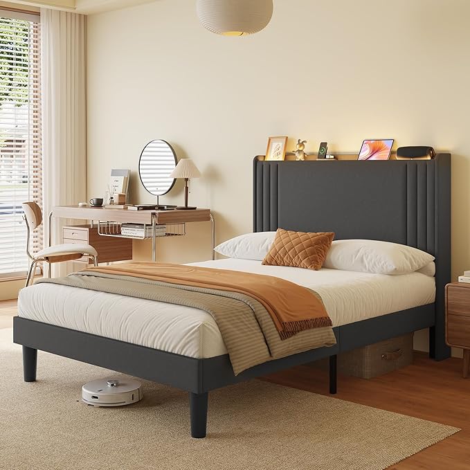 Gizoon Full Bed Frame with Charging Station and LED Lights,Upholstered Wingback Platform Bed with Wooden Slats,Noise-Free,No Box Spring Needed