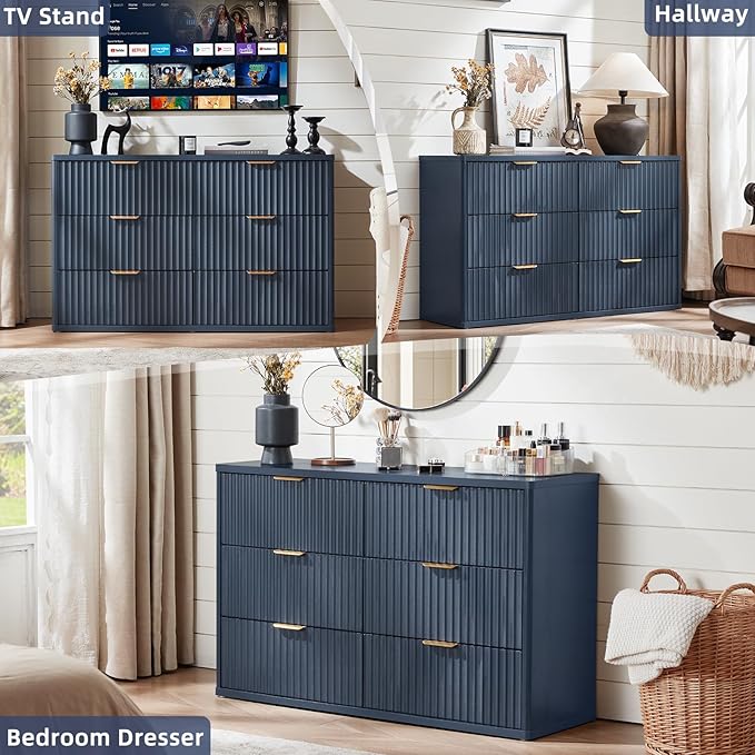 LEYAOYAO Fluted 6 Drawers Dresser Set of 2, 48" Wide Modern Chest of Drawers with Metal Handle, Navy Blue Curved Profile Dresser TV Stand, Wooden Drawer Organizer for Bedroom, Living Room, Hallway